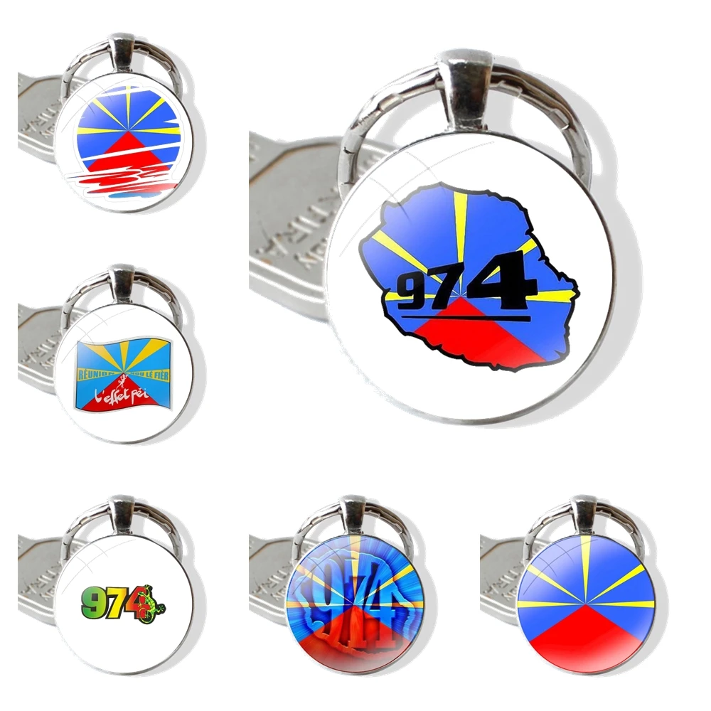 974 Reunion Insel Flagge Schlüssel bund hand gefertigte Glas Cabochon Schlüssel ring halter Anhänger Schlüssel anhänger