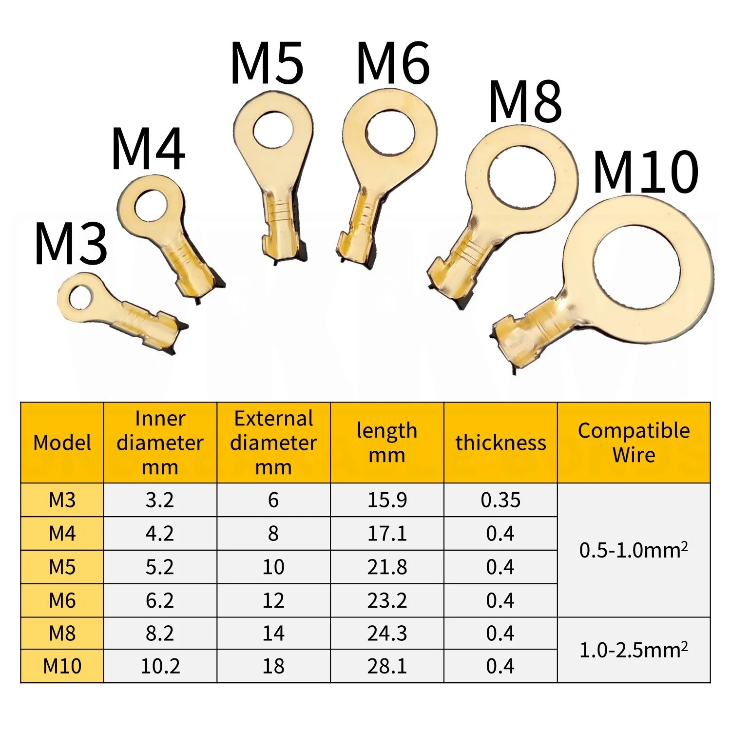 M3/M4/M5/M6/M8/M10 Ring-Terminal Wire Quick Connector Terminal Brass Crimp Terminal Assorted Kit