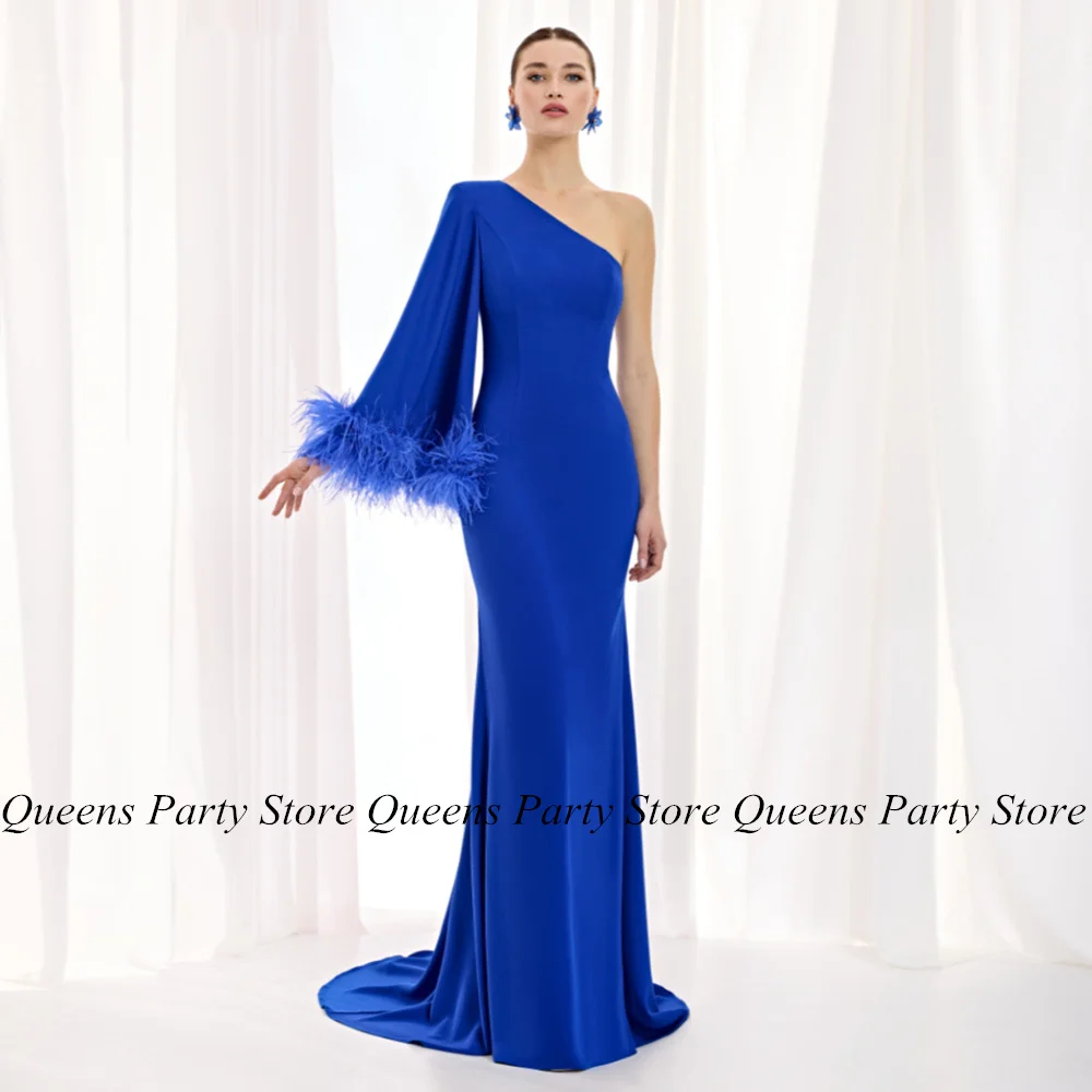 

Royal Blue Mermaid Mother of The Bride Dress New Arrival One Shoulder Long Sleeve Feathers Sweep Train Evening Party Gown