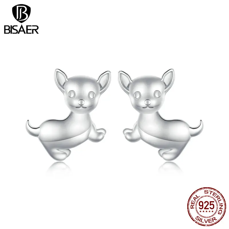 BISAER 925 Sterling Silver Cute Chihuahua Dog Stud Earrings Pet Ear Clip Plated Platinum For Woman Party Fine Jewelry ECE1620