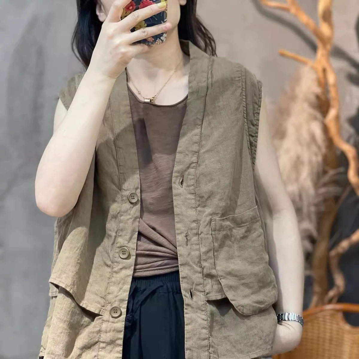 Abbigliamento da lavoro in lino di colore puro V-Ne casual di inizio autunno Jaet plus Size Gilet da donna con design Faion Top Abbigliamento a strati