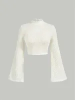 Women Textured Mock Neck Flare Long Sleeve Crop Top Fall Winter Elegant Preppy Style Y2K Rib Knit Slim T Shirt Blouse 2023