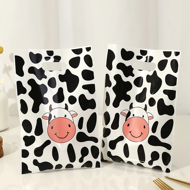 10/20/50pcs Cow Pattern Gift Bags, Candy Bags Plastic Party Bag With Handles, Cute Cow Theme Birthday Baby shower Party Supplies