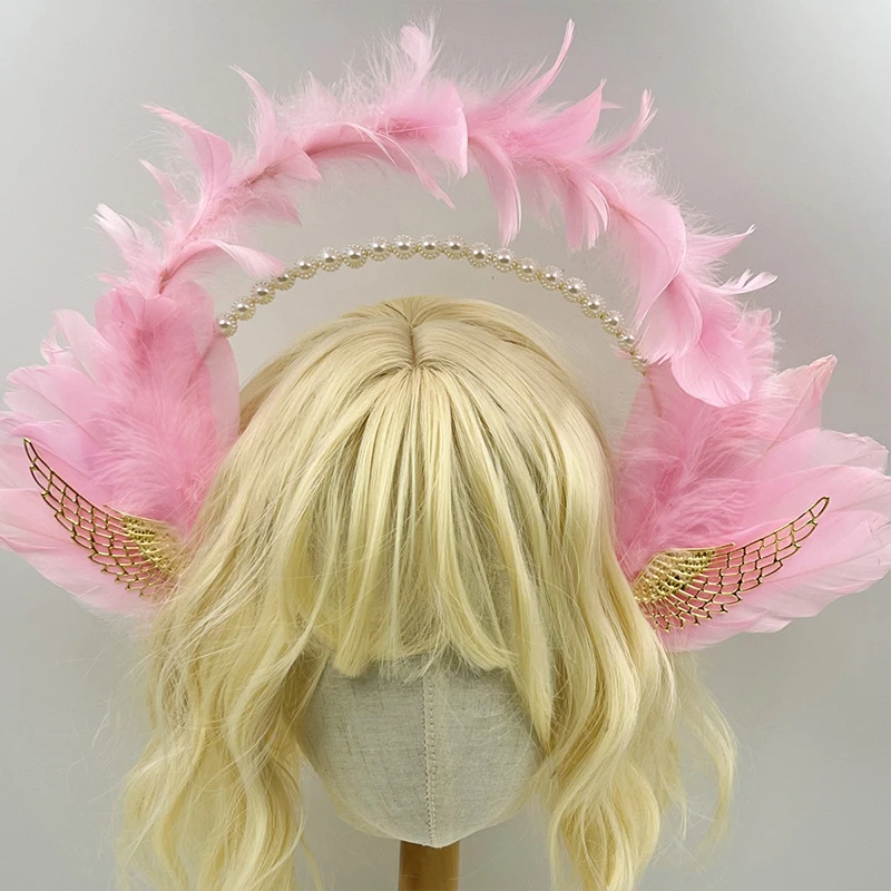 Gothic Angel Feather Wings Halo Lolita Tiara Cosplay Halloween Crown Mary Costume Headdress Women Pink Gold Hair Accessories 