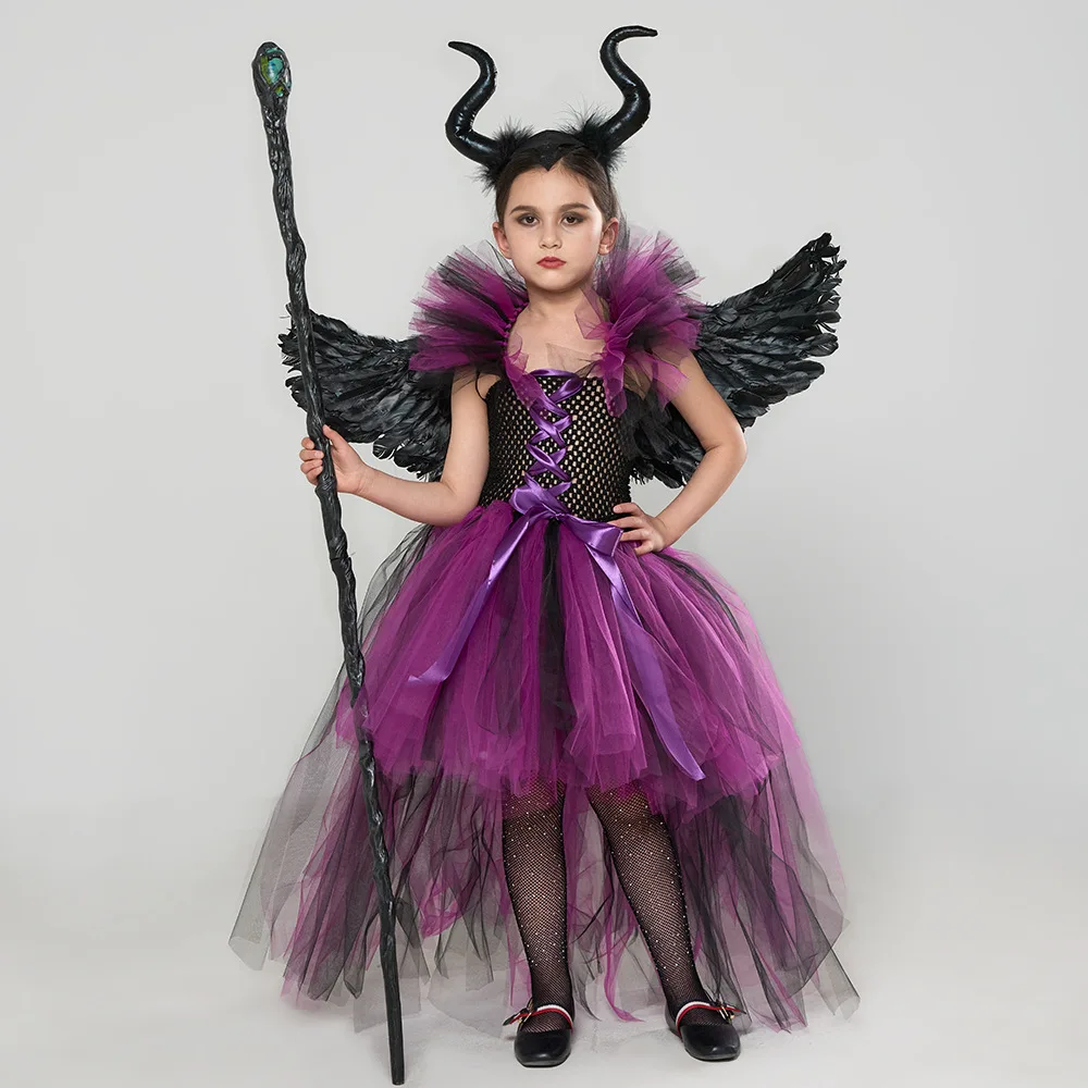 Kids Girls Halloween Dark Angel Fancy Dress Complete Set Tulle Gown With Wings Horn Headband For Theme Party