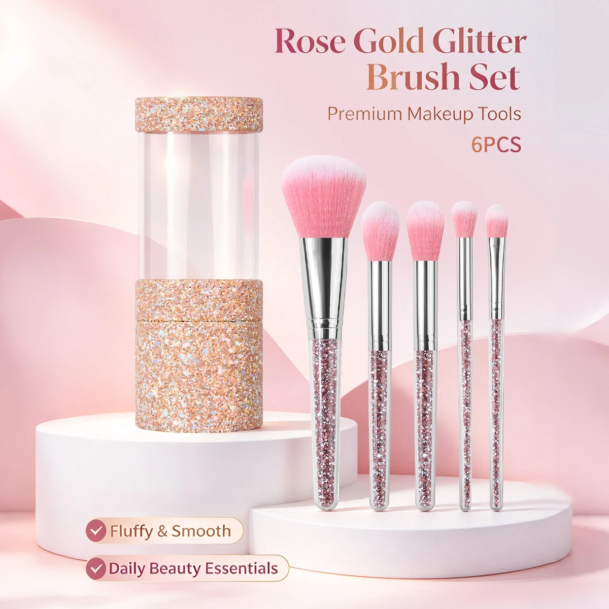 6Pcs Glitter Handle Makeup Brush Set with Storage Holder, Soft Pink Synthetic Bristles Cosmetic Brushes for Face & Eye Makeup