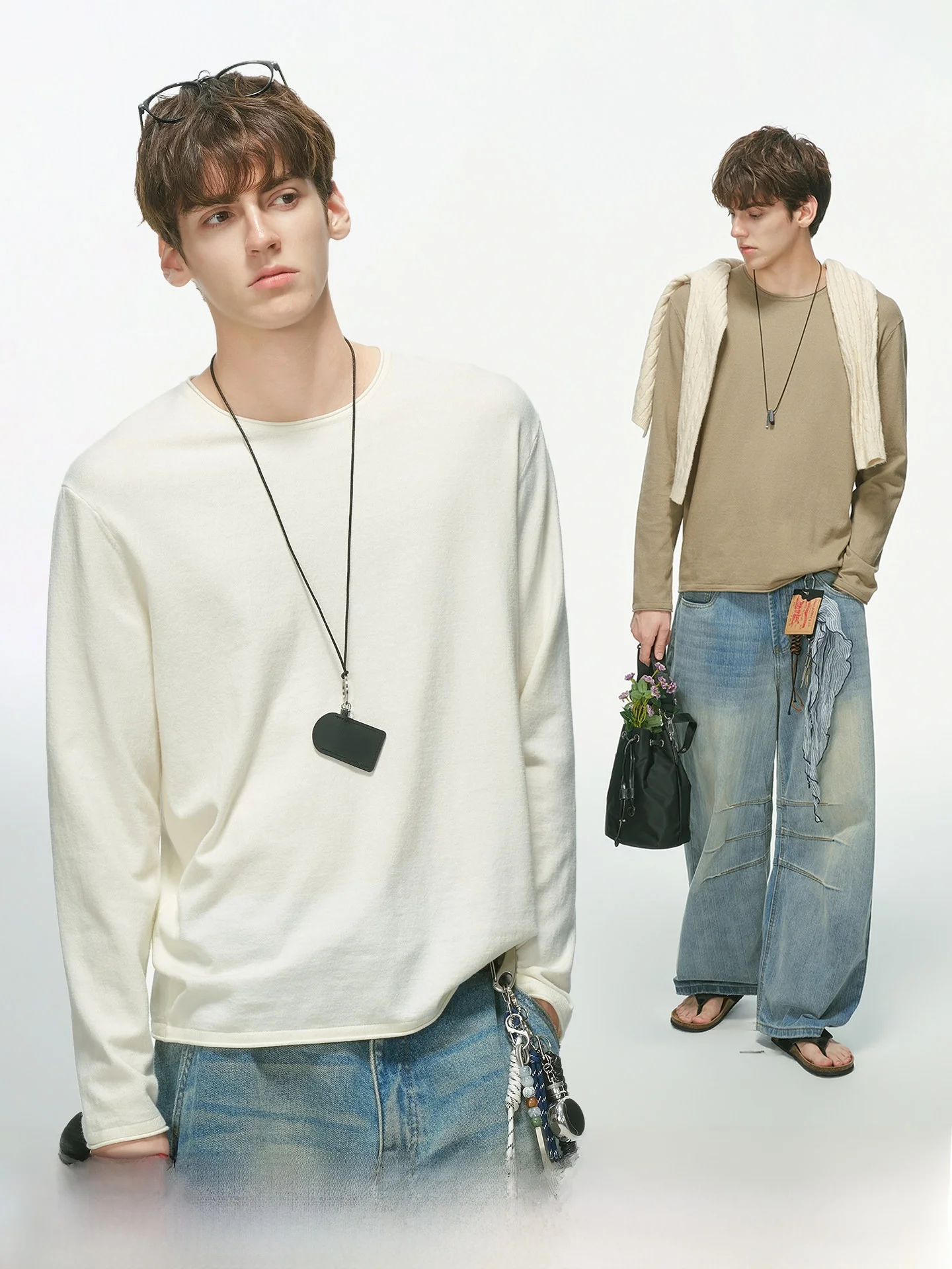 Dream Made Men's Long Sleeve Wool Blend T-Shirt White Base Layer Shirt for Autumn Couples Casual Comfortable Loose Fit