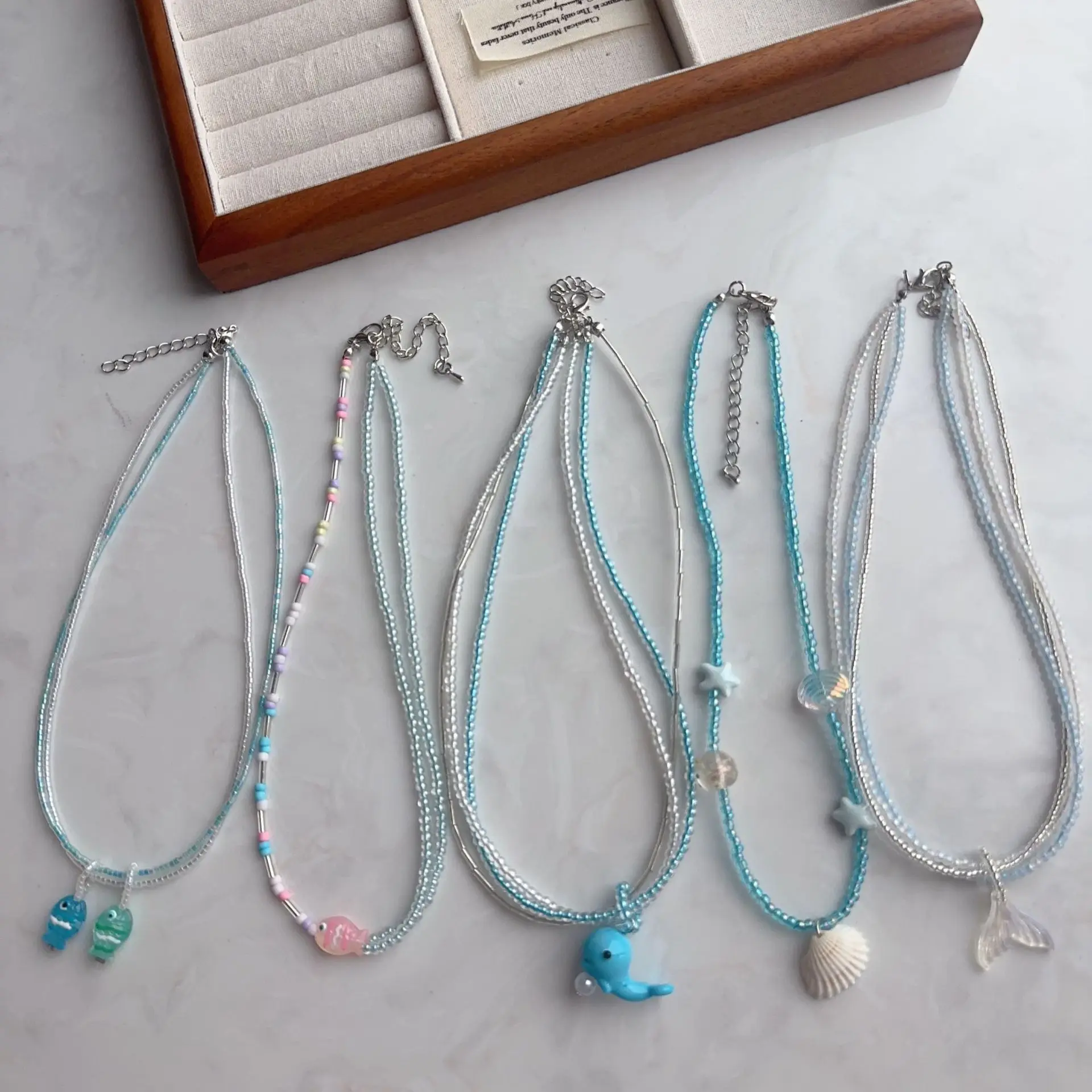 Pendant Necklace Blue Beaded Little Fish Cute Colorful Summer Dopamine Charm for Girls Versatile Casual Party Travel Office Gift