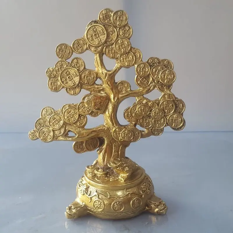 Pure copper money tree and treasure bowl metal craft for home, living room, desktop, feng shui decoration