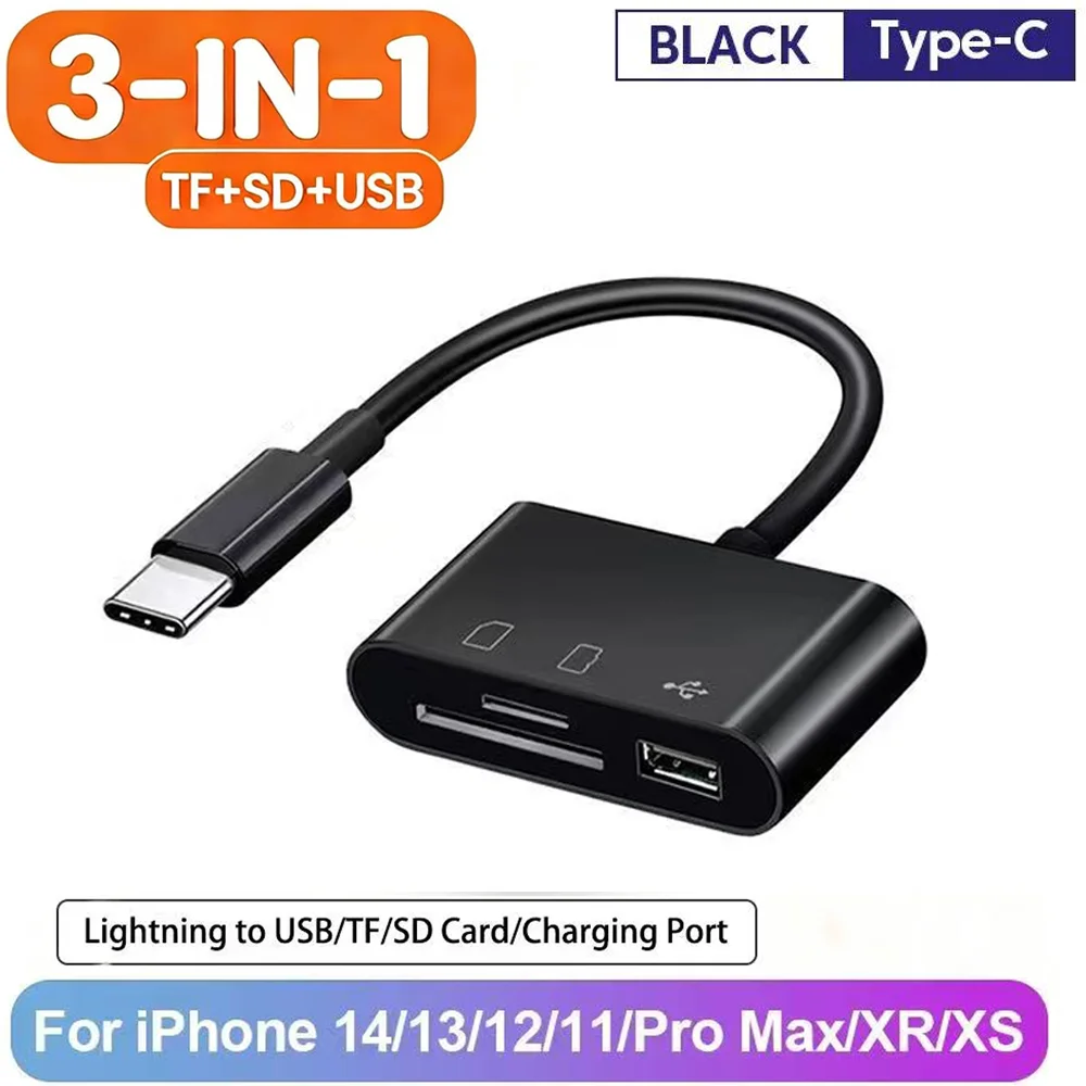 Type-C 3‑in‑1 Black SD TF Card Reader LightningUSB‑A Adapter Plug & Play For iPhone 15 14 iPadAndroidPhonePC CameraUDiskFileCopy