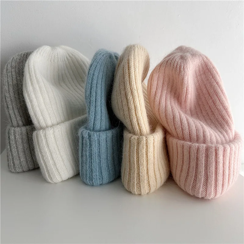 High Quality Rabbit Fur Knitted Solid Hat Women Men Double-layer Thickened Woolen Beanie Casual Ear Protection Hat Female