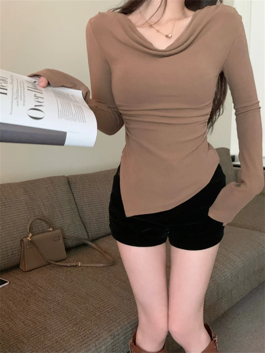 Alien Kitty 여성용 슬림 슬래시 넥 티, 미니멀리스트 올매치 플레어 슬리브, 시크한 2024 데일리 티셔츠, 용수철 오피스 레이디 솔리드, 신상