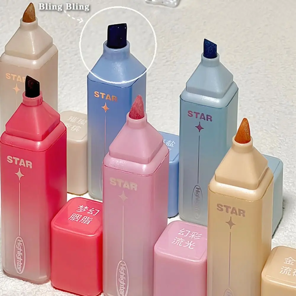 6pcs Aesthetic Shimmer Highlighter Chisel Tip Quick-dry Highlighter Pen 6 Colors Glitter Markers Students