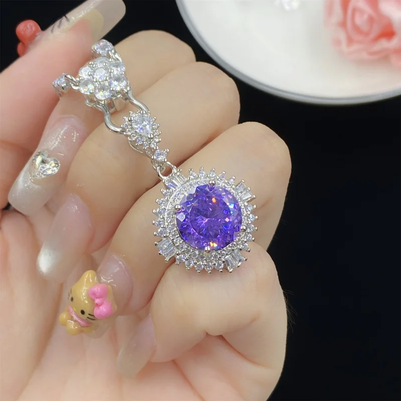 

5 Carat Purple Sapphire Starry Sky Cut Zircon Fluorescent Light Color Changing Open Ring for Women Elegant Full Diamond Pendant