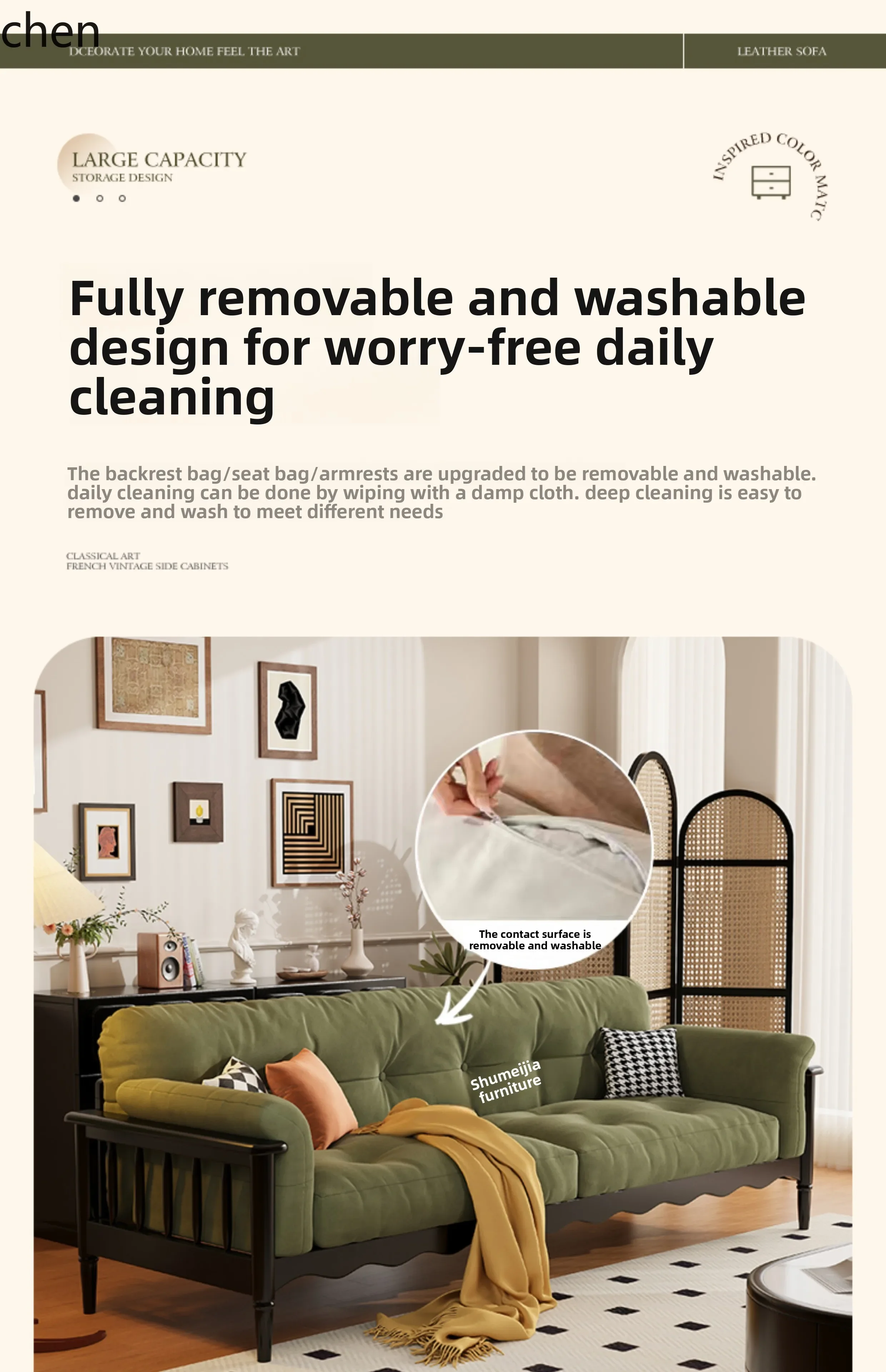 v1 Solid Wood Sofa for Living Room Small Apartment Mid-century Style Straight Three-seater French Retro Cloud Fabric Sofa