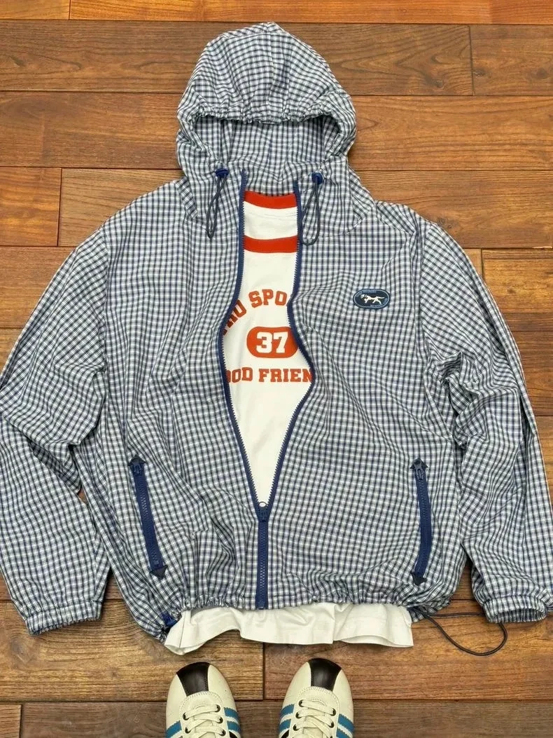 

Trendy Plaid Hooded Jaet Men's Thin Casual Loose Fit Outerwear College Sle Leisure Versatile Top Zipper Closure Long Sve