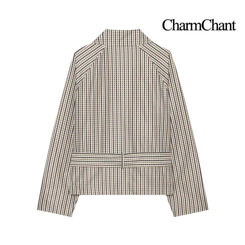 CHARMCHANT Women's Cropped Belted Double Breasted Plaid Trench Jacket Outerwear For Office Commute City Street Fall 2026