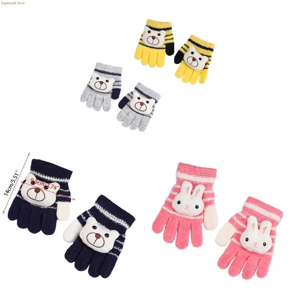 Q5WE Striped Mittens Plush Knitted Gloves Winter Warmer Full Finger Riding Mitten