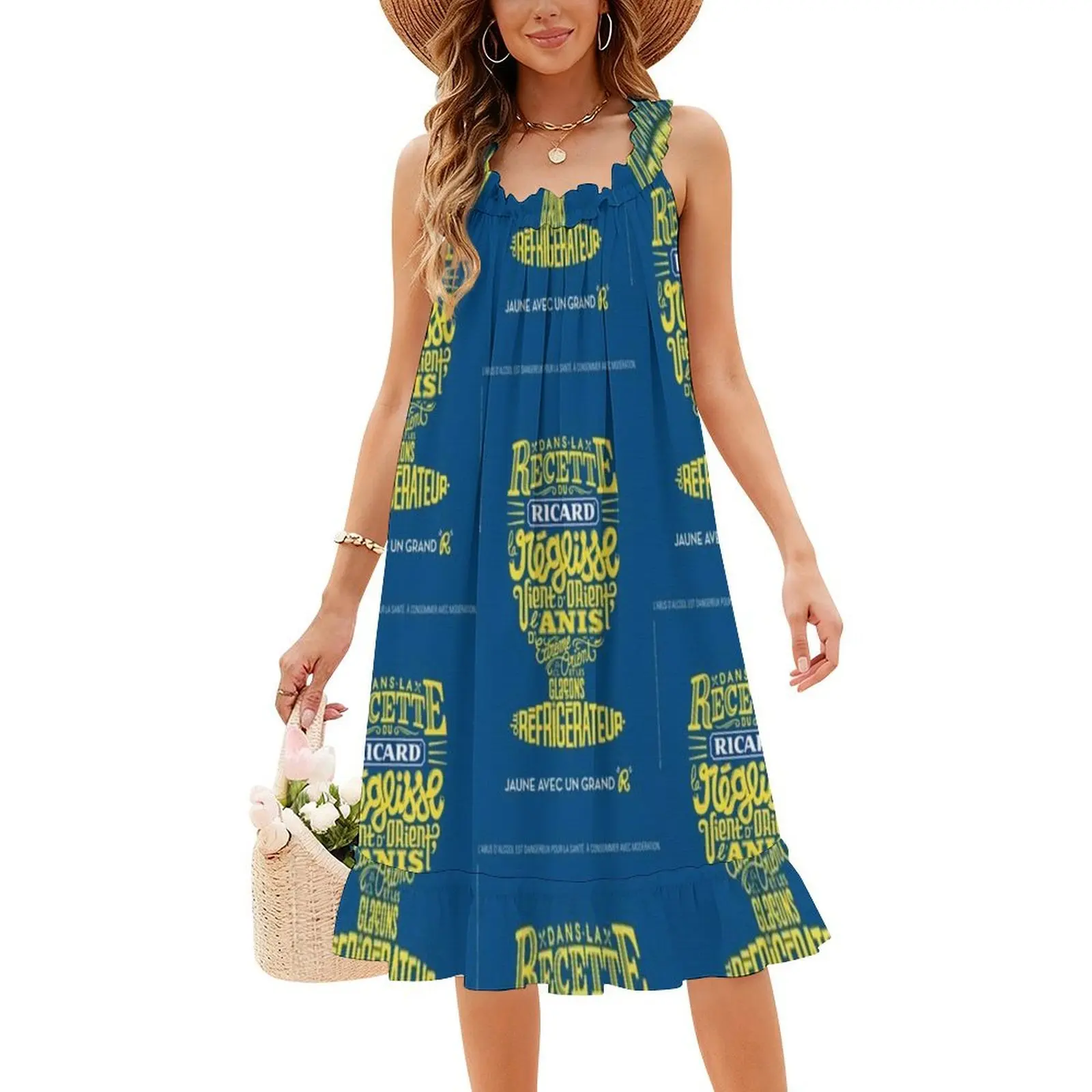 فستان Recette Du Vintage Ad بوهيمي بدون أكمام للنساء مطبوع فساتين حفلات الشاطئ Patis Jaune 51 Reglisse Glacon Glace Woman
