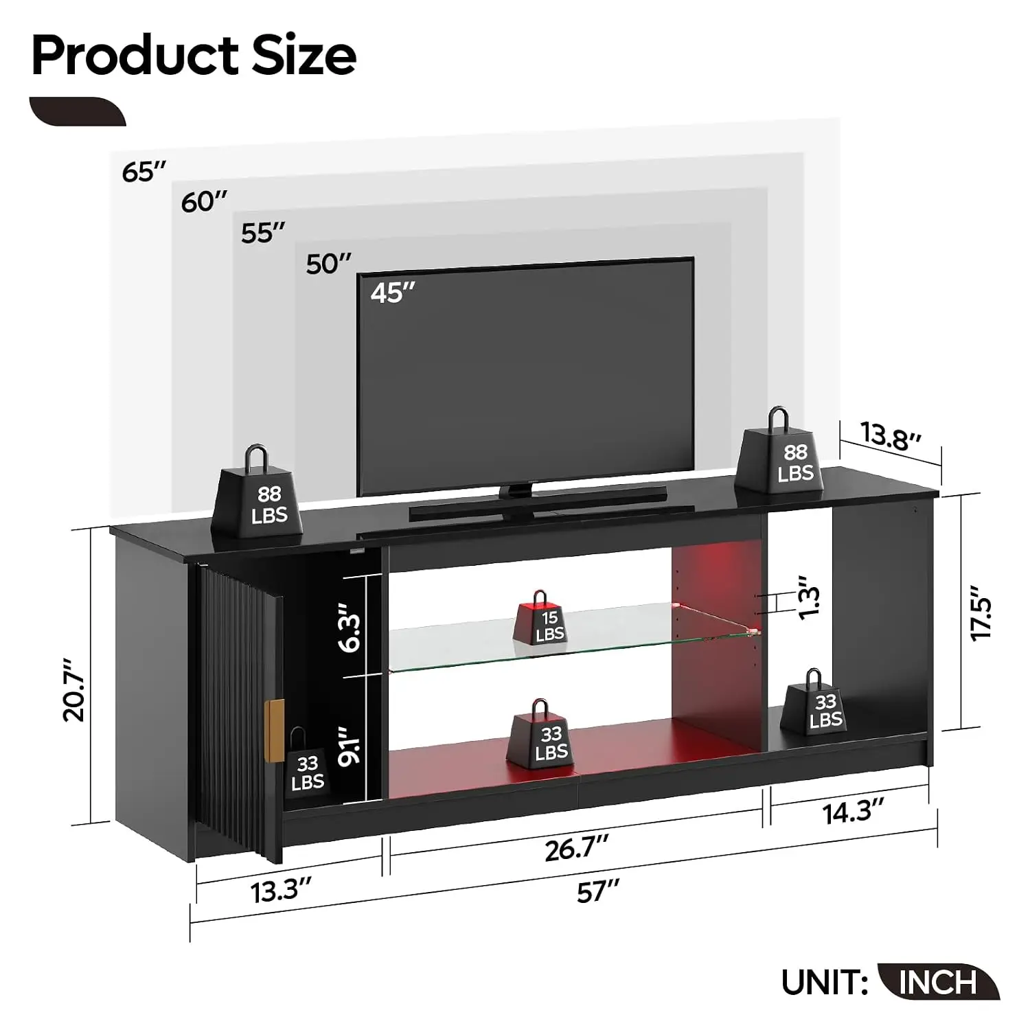Fluted TV Stand for 65 Inch TV, Gaming LED Entertainment Center with Cabinet for PS5 Xbox, High Gloss TV Console, Customized