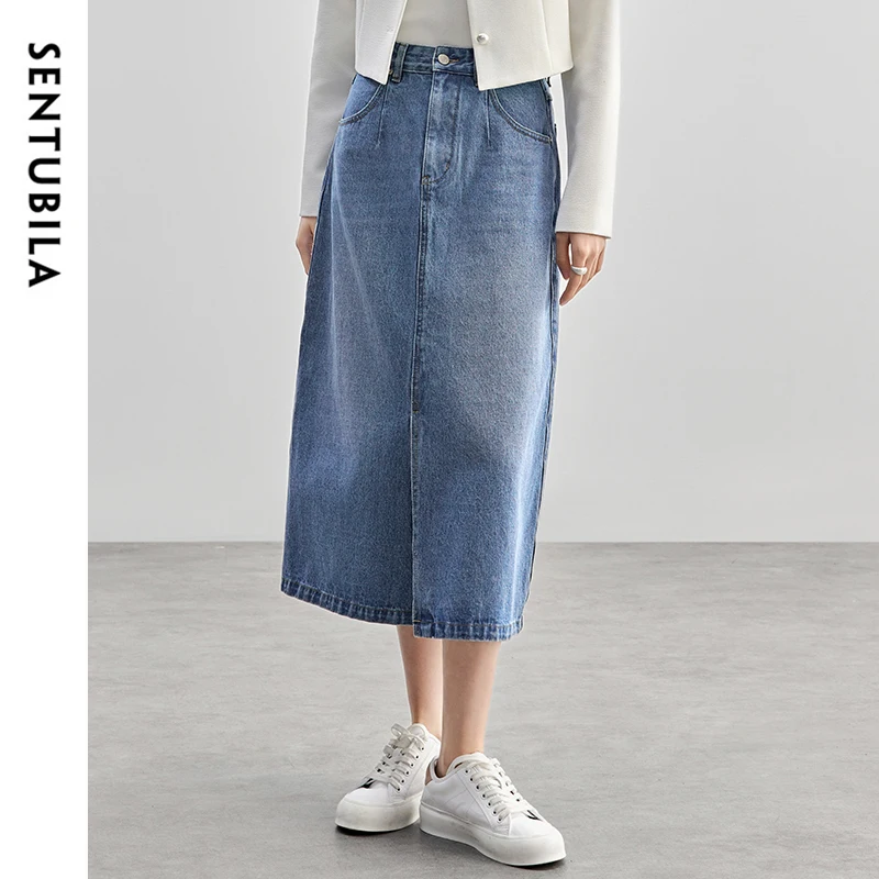 

SENTUBILA 100% Cotton Skirts Women 2025 Spring Fashion Blue Washed Denim High-Waist Slit-Hem Elegant Long Skirt Women W51Q57899