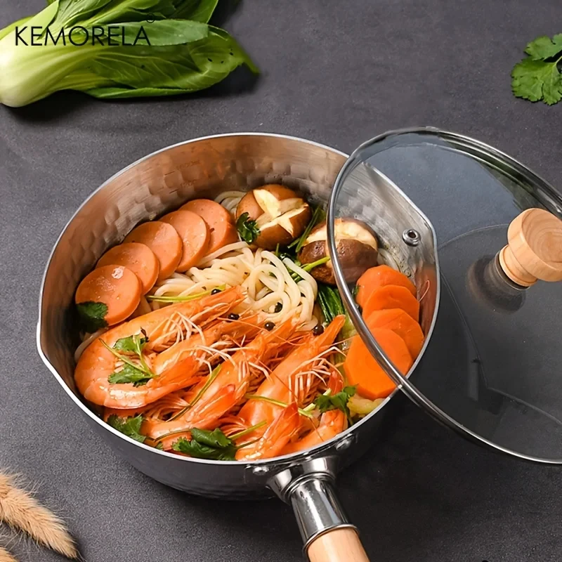 Stainless Steel Milk Pot Saucepan With Lid Anti-scald Wooden Handle Household Food Pan Instant Noodles Dishwasher And Oven Safe