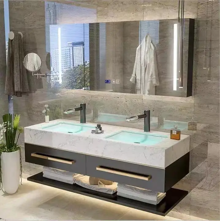 Luxury Large LED Backlit Smart Bathroom Mirror Cabinet with Sink Vanity for Modern Bathroom view 3