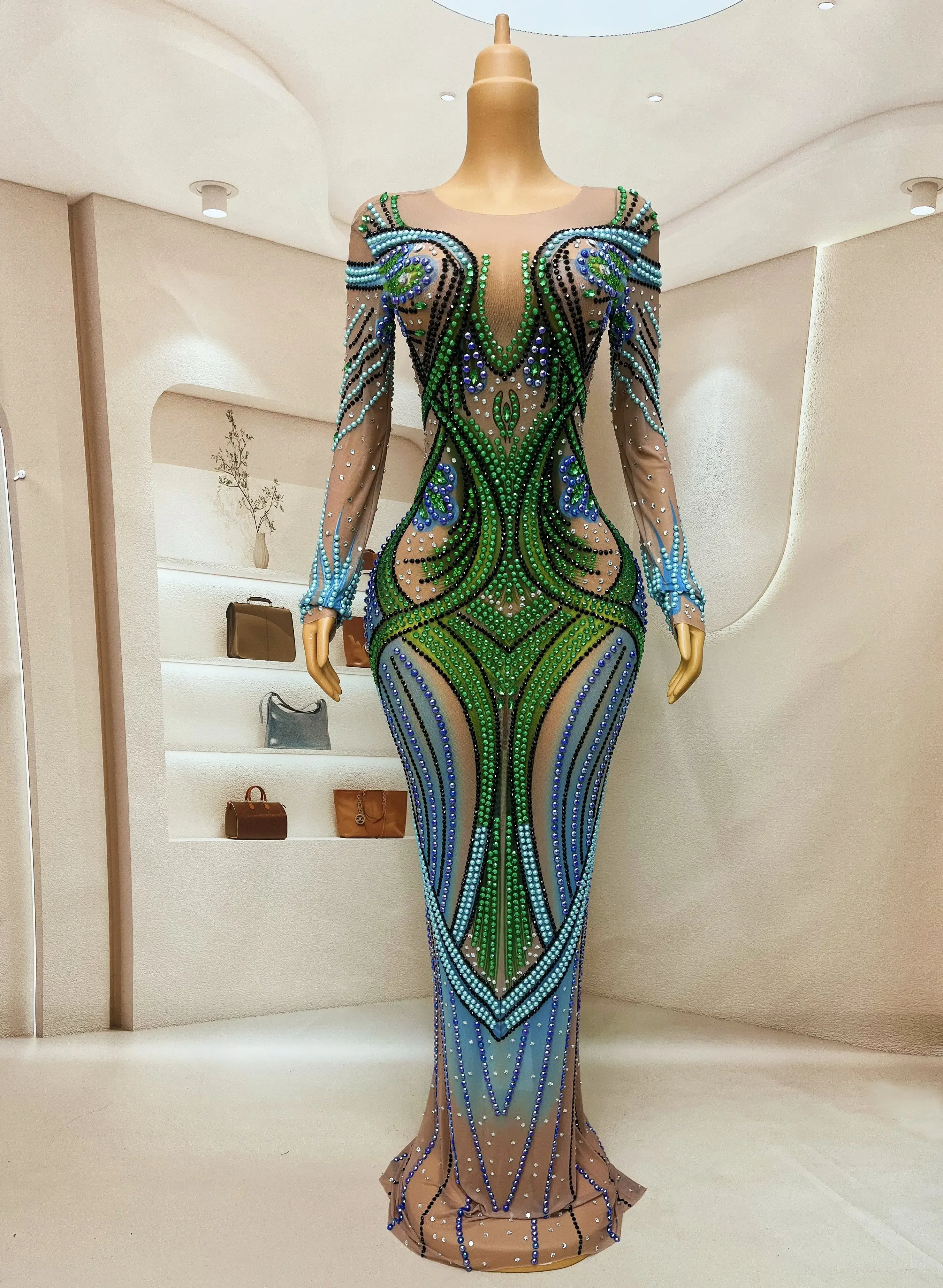 Rotterdam Kly-Robe Transparente avec Perles Bleues et Strass Verts, Tenue de Soirée et Spectacle de brevQingsi, Tenue d'Anniversaire