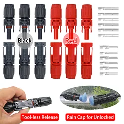Red Black Solar Panel Connector with Rain Cap Tool-less Release DC 1000V 30A IP68 for PV System Replace DIY Portable Setup Cable