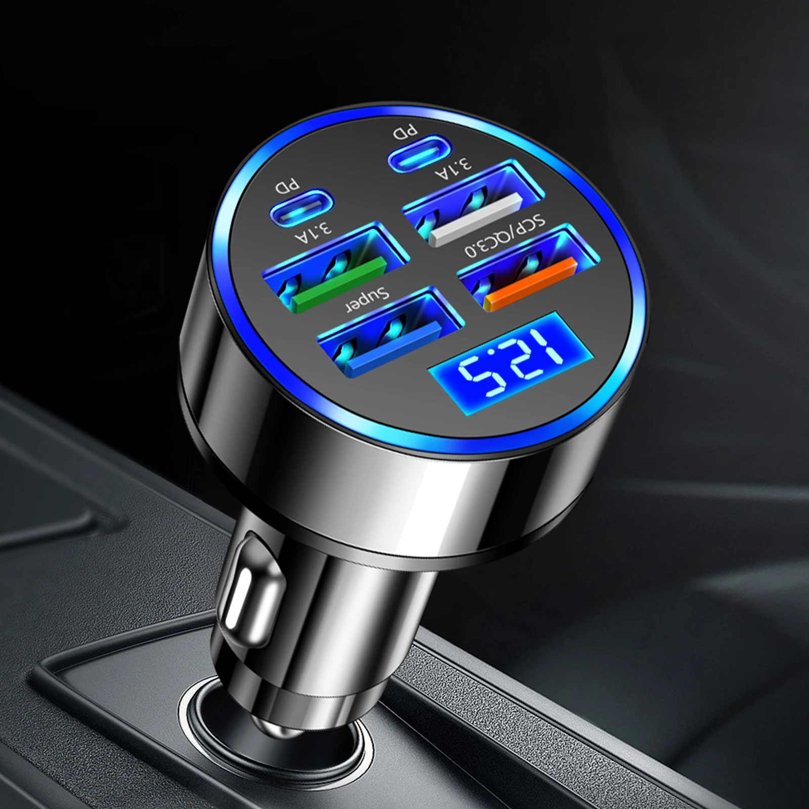 6 in 1 100W Multi Port Car Charger 4USB 2PD Cigarette Lighter Adapter Fast Charger for Cell Phones Tablets and Other USB Devices