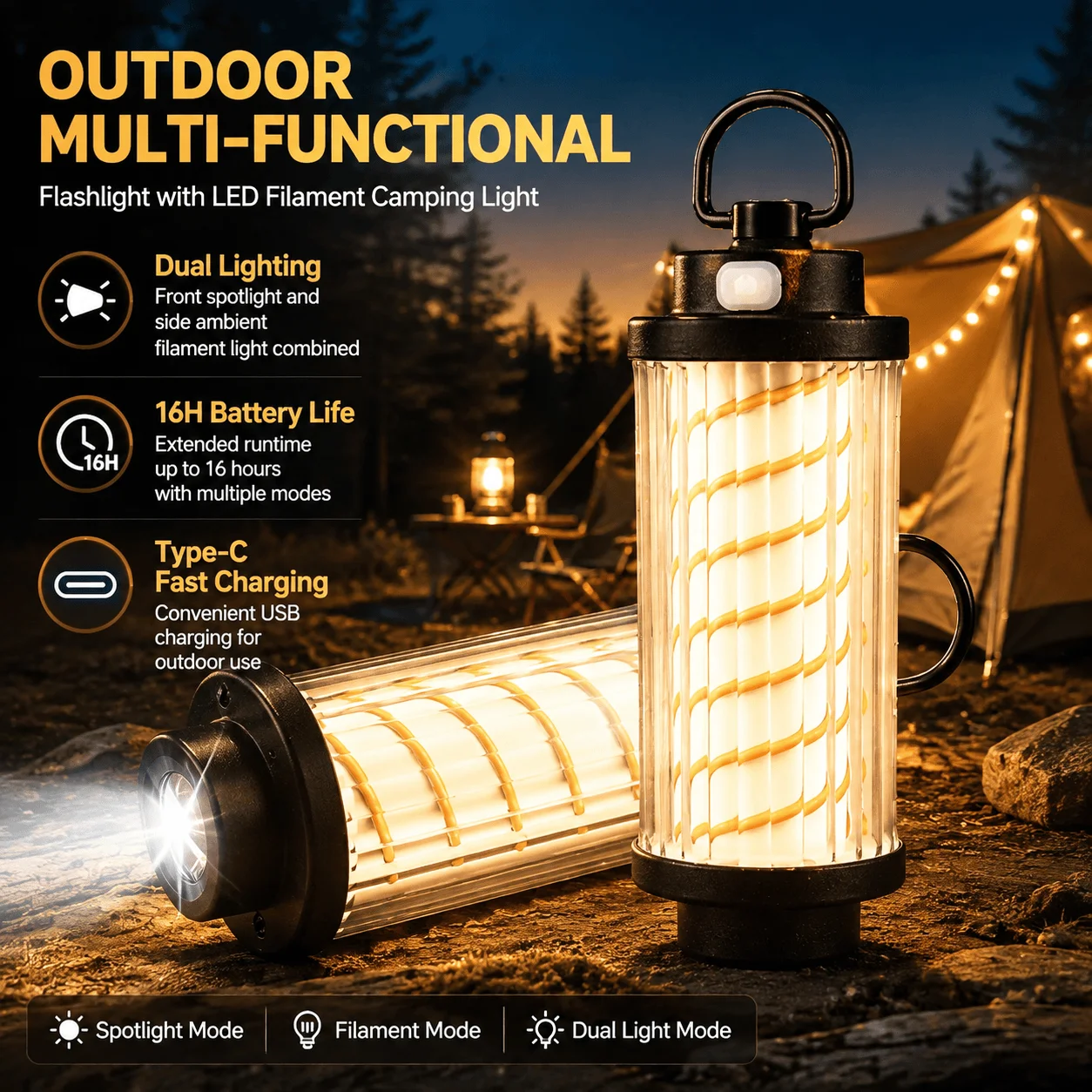 LED Camping Light Rechargeable Flashlight Outdoor Lantern Compact Type-C USB Charging Emergency Lamp Hiking Fishing Gear 4 Modes