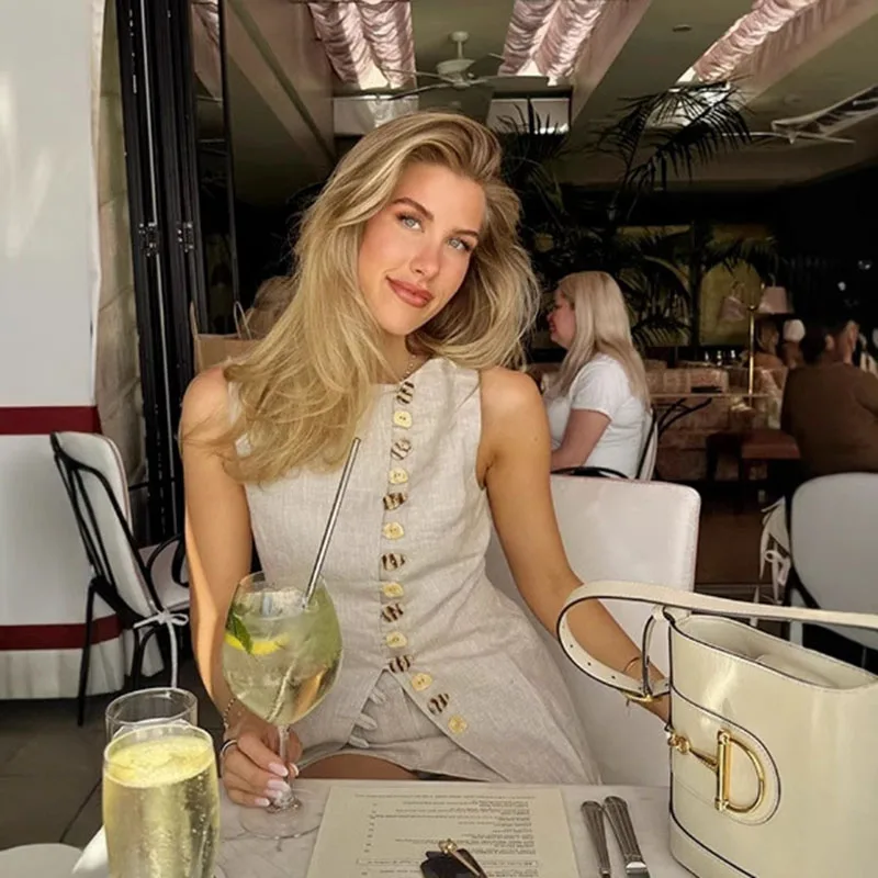 

Хлопково-льняной жилет, мини-юбки, костюмы для женщин с круглым вырезом, однобортные комплекты на шнуровке, женские весенние новинки 2025, мягкие однотонные комплекты из 2 предметов