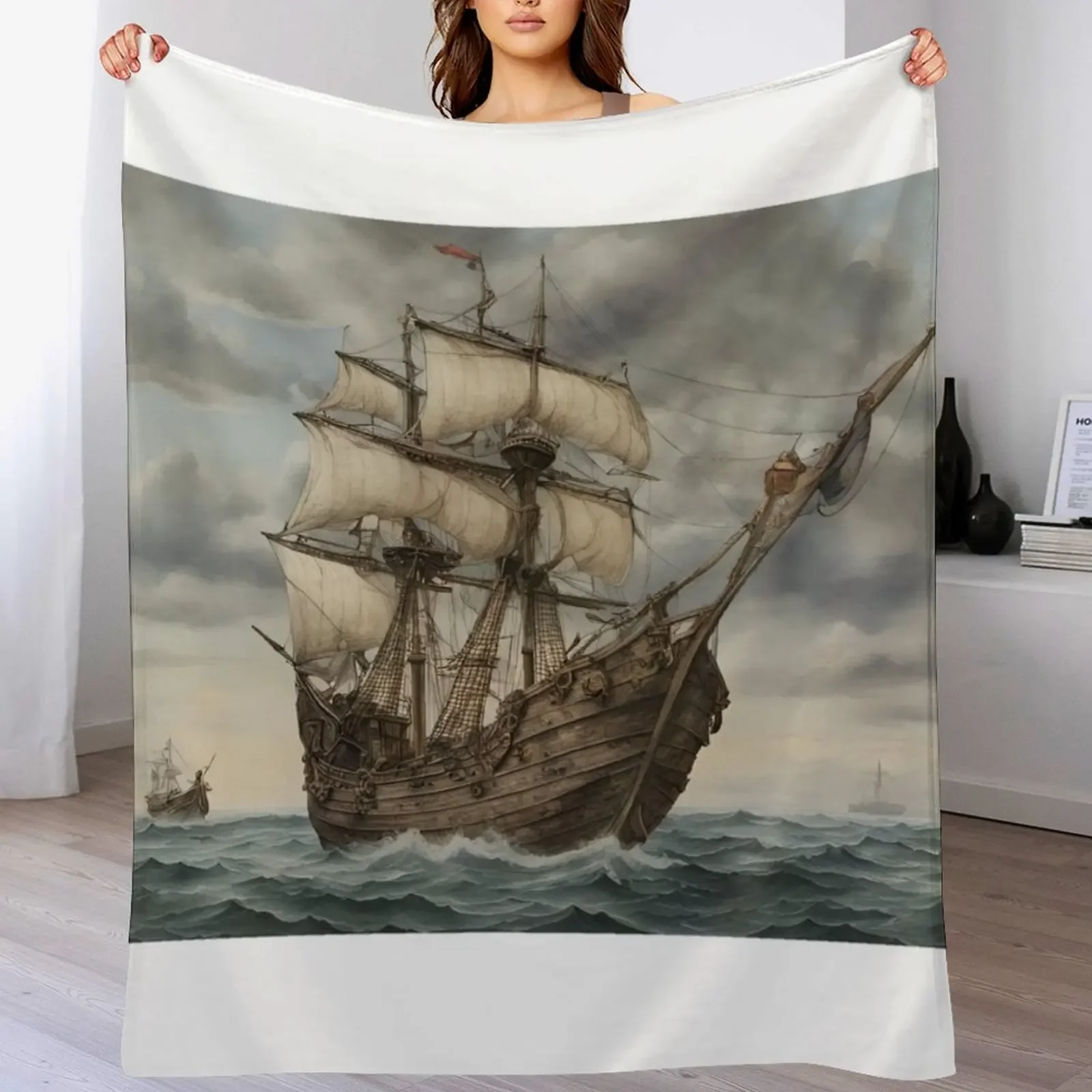 Medieval ship at sea without crew Throw Blanket Warm Plush Fuzzy Blanket for Living Room