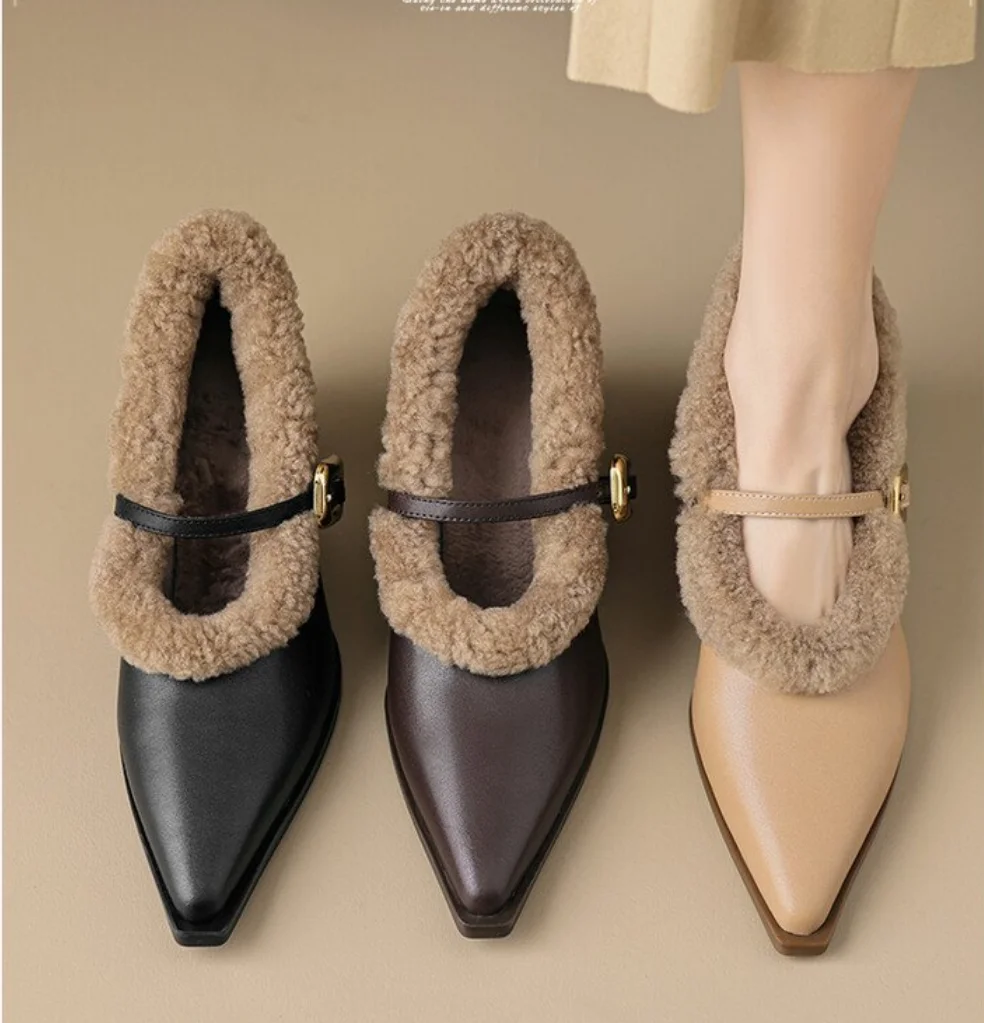 Elegant Metal Buckle Mary Janes Woman Chic Brand Design Fur Women Low Heel Dress Shoes Ladies Winter Warm Plush Belt Pump Zapato