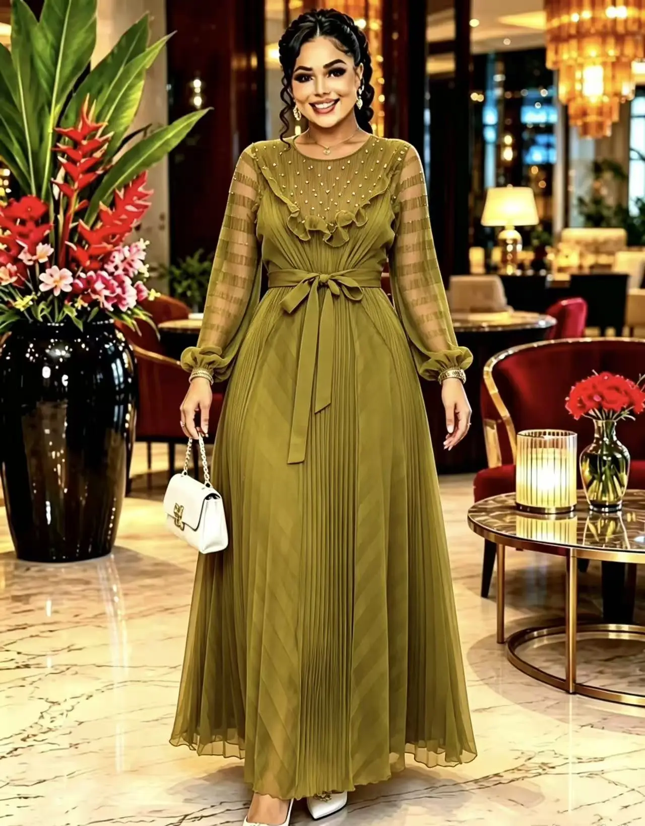 2026 Heavy Industry Diamond Bead Crew Neck Lotus Leaf Sleeve Waist Dress Miyake Design Temperament Folded Long Dress New