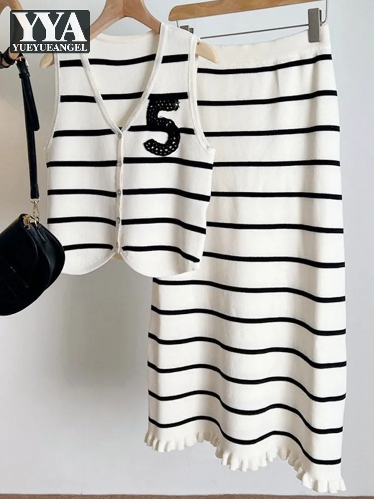 

Womens Summer Striped Knit Vest Sets Fashion Sleeveless Single Breasted V-Neck Tops Two-Piece Set Casual Mid Long Skirt Outfits