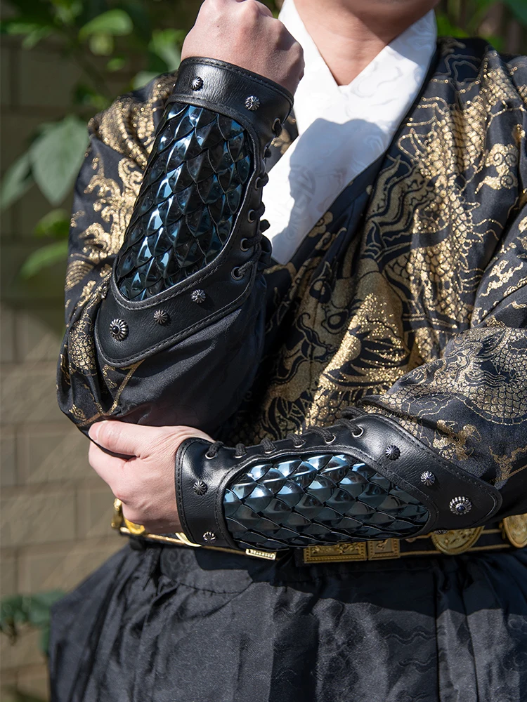 Hanfu protetor de pulso preto dragão escala armadura antigo traje brocado guarda braço