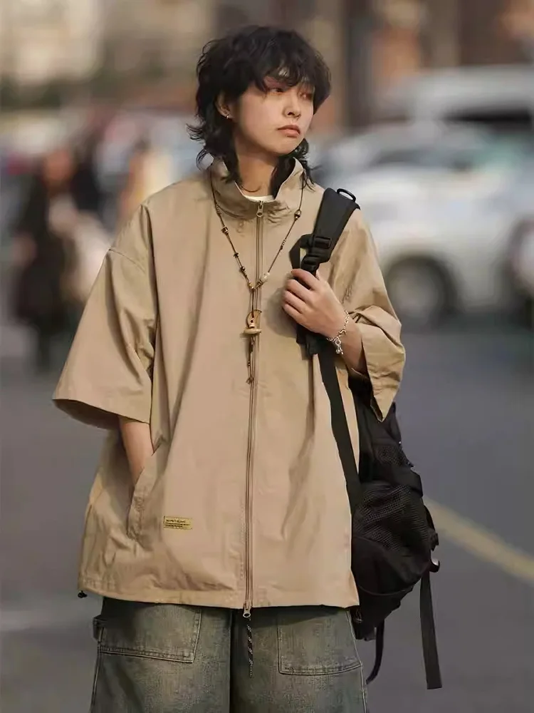 

Summer Casual Loose Fit Zipper Short Sleeve Shirt Stand Collar Outdoor Workwear Jacket for Men And Women Youth Trend Striped