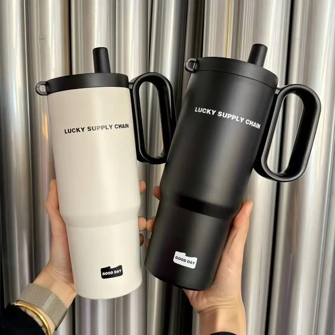 Luxury Large‑Capacity Insulated Tumbler, Stainless‑Steel Straw Water Cup, High‑Grade Iced Coffee Mug, Leak‑proof Car Travel