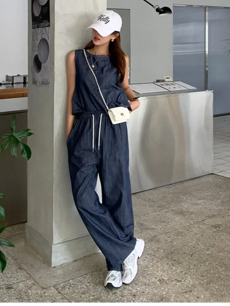 Summer Two 2-częściowe zestawy Denim Halter Tank Vest LadiesTops Women Loose Casual Chic Slim Jeanswear Straight Mujer Pants Suits