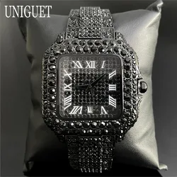 UNIGUET Fashion Iced Watch For Men Lxuxry Stainless Steel Square Quartz Watche Man Hip Hop Black Diamond Wristwatch Reloj Hombre