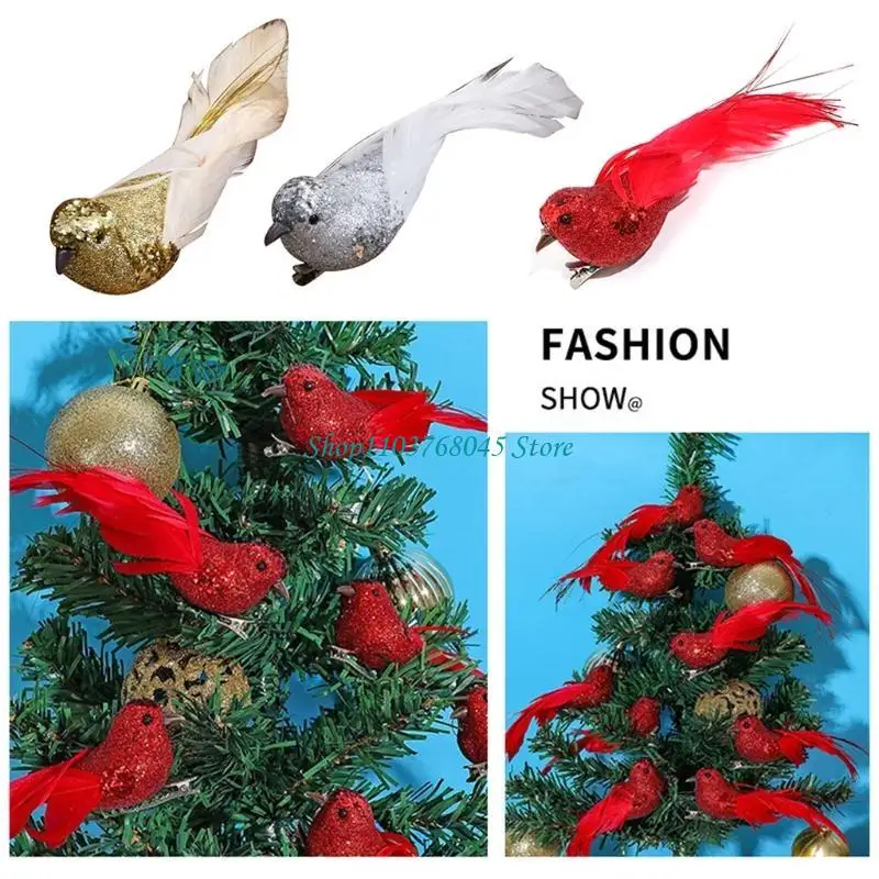 R53F 12 Pcs Artificial Christmas Tree Bird with Clip Simulation Foam Birds Xmas Ornament DIY Craft for Party Home Garden-14cm