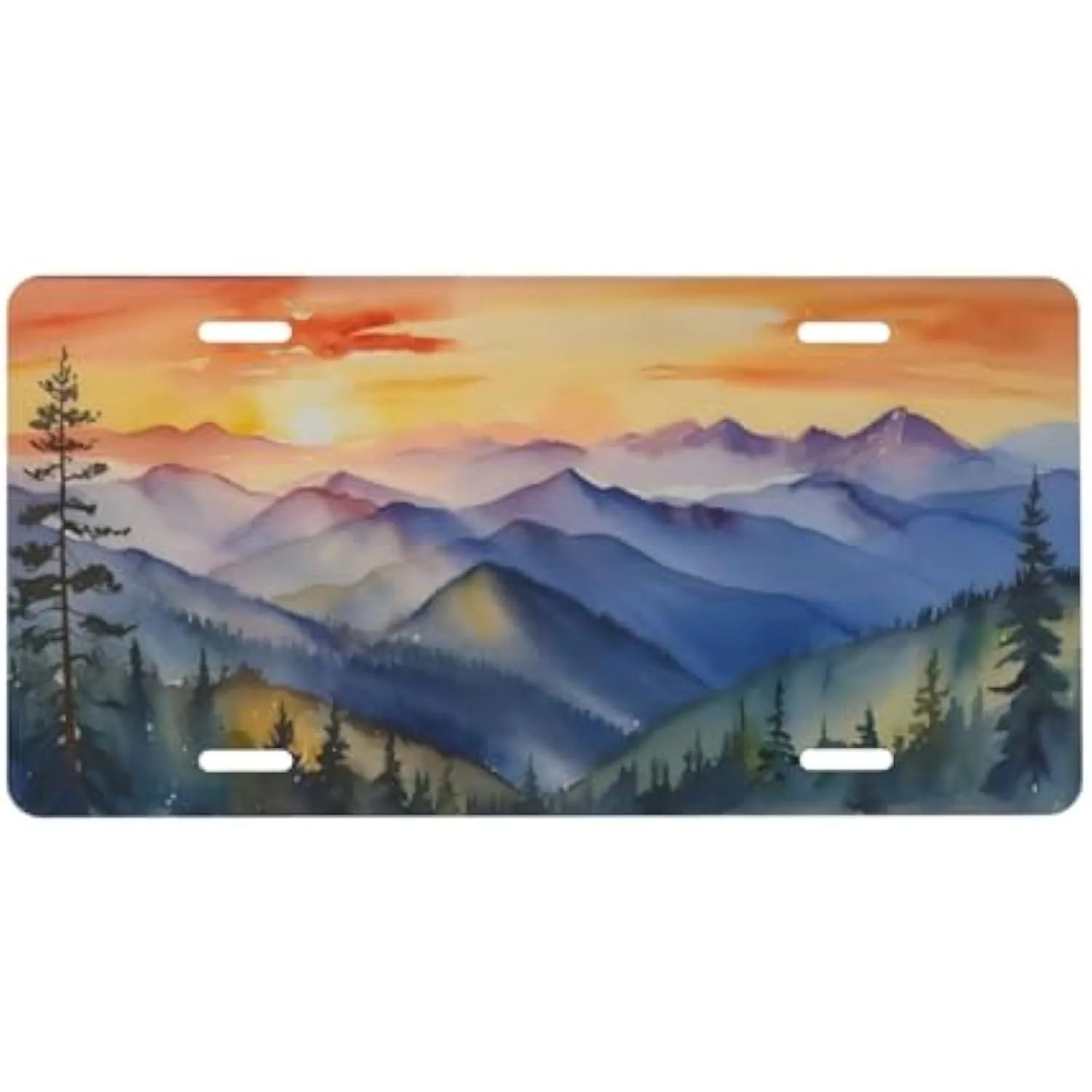 Sunset Mountain Range Watercolor Landscape Aluminum License Plate Vanity Cover for Car Truck