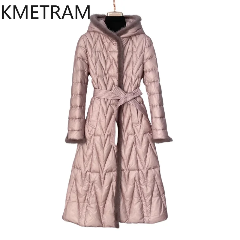

KMETRAM White Goose Down Puffer Jacket Woman Long Down Coats Hooded 2025 New in Outerwears Winter Clothes Mink Fur пальто
