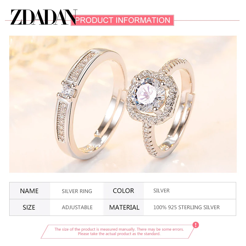 ZDADAN 925 Silver Zircon Couple Adjustable Rings For Women Men Wedding Jewelry