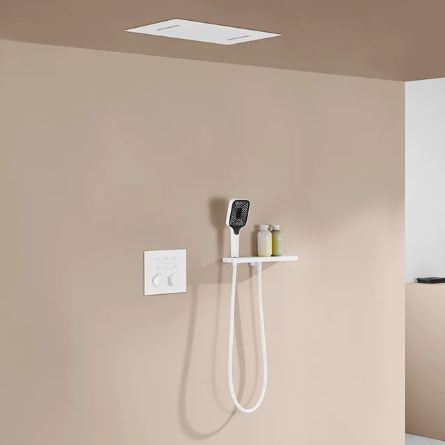 Black Brass Concealed Thermostatic Shower System Multi-Function Bathroom Ceiling Waterfall Set Pause Massage Jets Soft