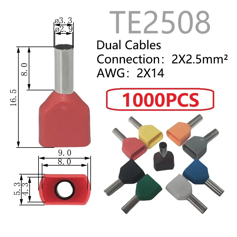 

TE2508 Per 1000PCS Cable Lug 2x#14 AWG 2X2.5mm² Pure Copper Dual Wires Connection Crimp Terminal Insulated Ferrules Cord