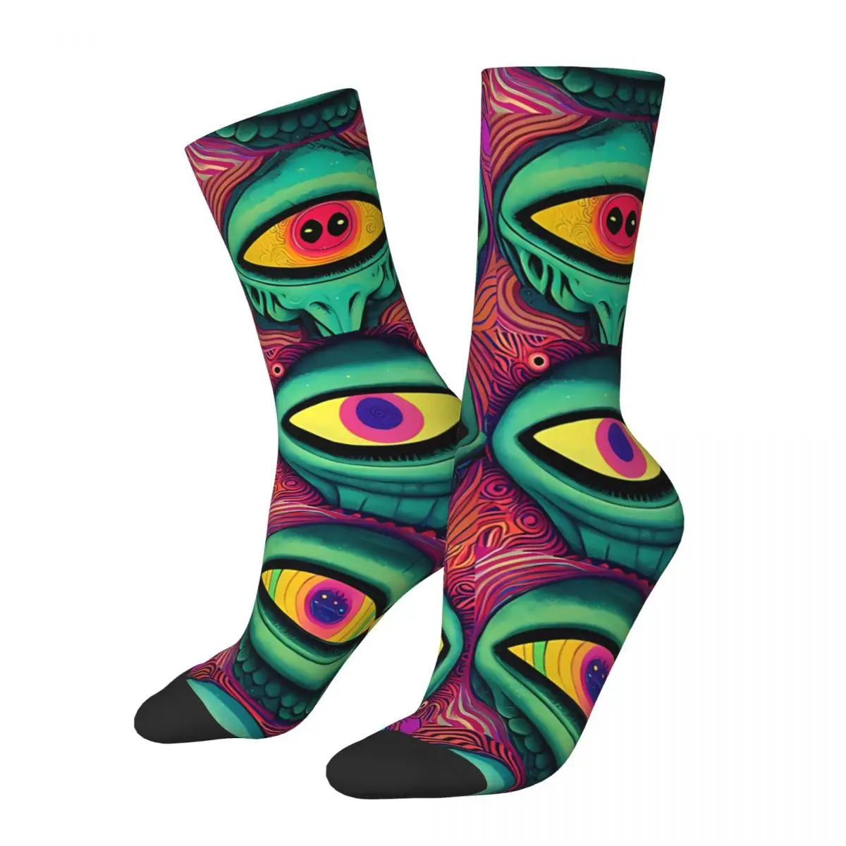 Retro Psychedelic Eyes Men's Socks Alien And UFO Pattern Unisex Street Style Seamless Printed Crazy Crew Sock Gift