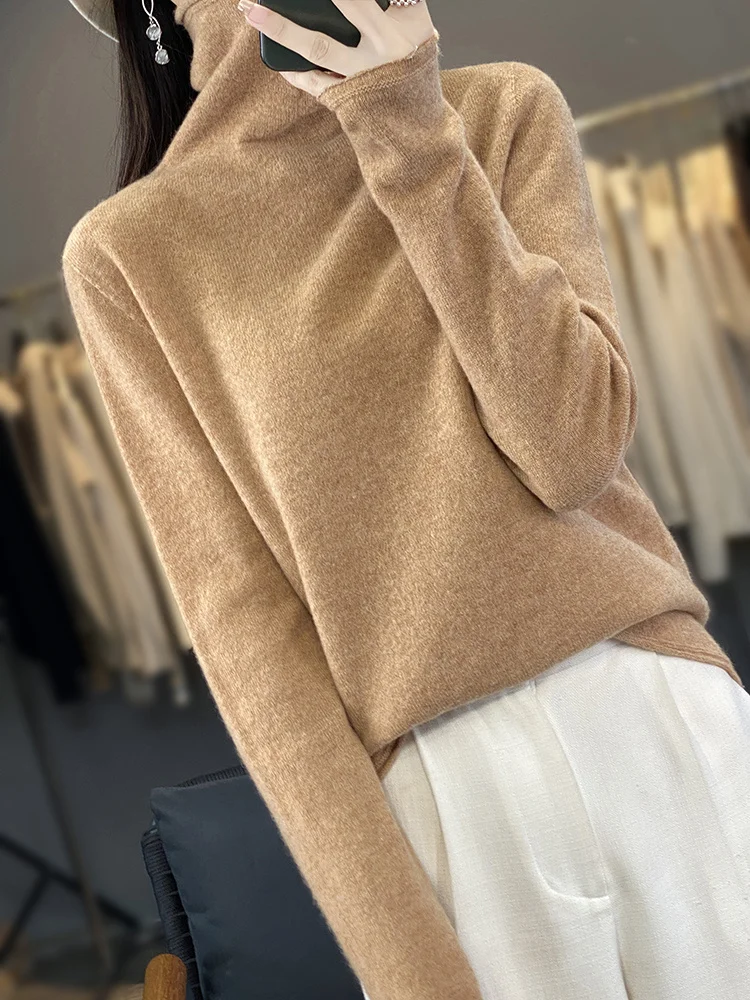 Autumn Winter Women 100% Merino Wool Pullover Turtleneck Sweater Casual Korean Style Cashmere Knitwear Bottoming Clothing
