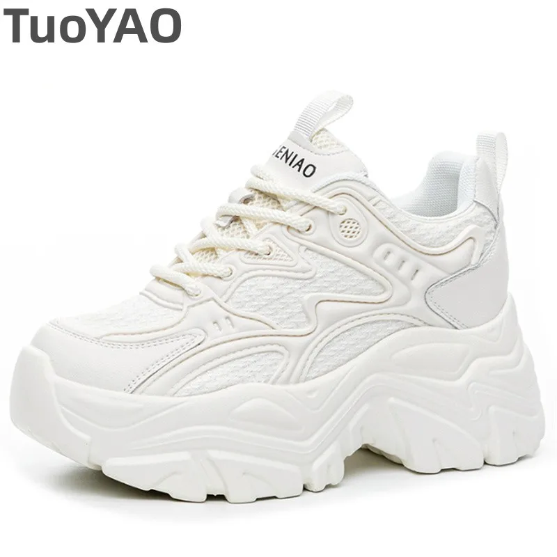 

8cm Synthetic Air Mesh Leather Platform Wedge Flats Shoes Casual Comfy High Brand Breathable Chunky Sneaker Vulcanize